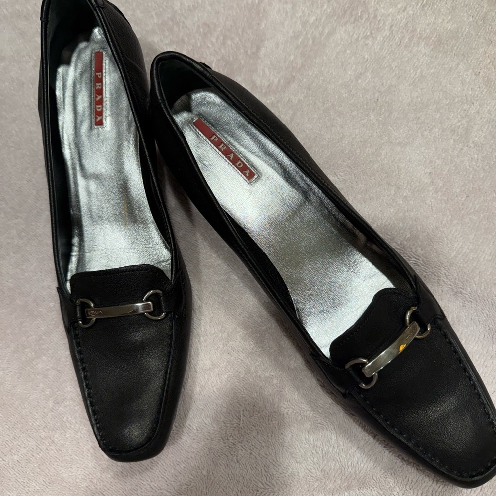 Prada Black Leather Flats with Silver Accents, Loafer Style with Kitten Heel